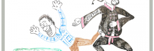 Whiteboard Cartoon of Aikido Master Tossing Student into Pads